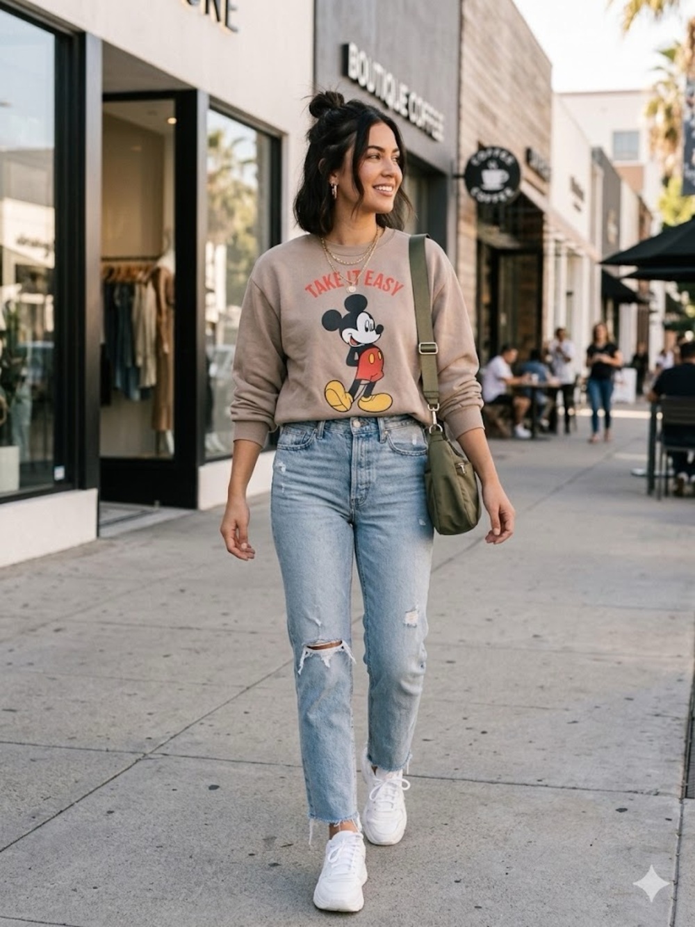 Disney Mickey Mouse Taupe Women’s Cropped Boxy Graphic Sweatshirt